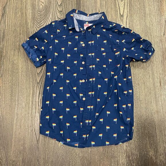 Youth Boys Button-Up Shirt Tiny Rainbow Flag Print Short Sleeve Navy Size M 8/10 - Picture 1 of 3